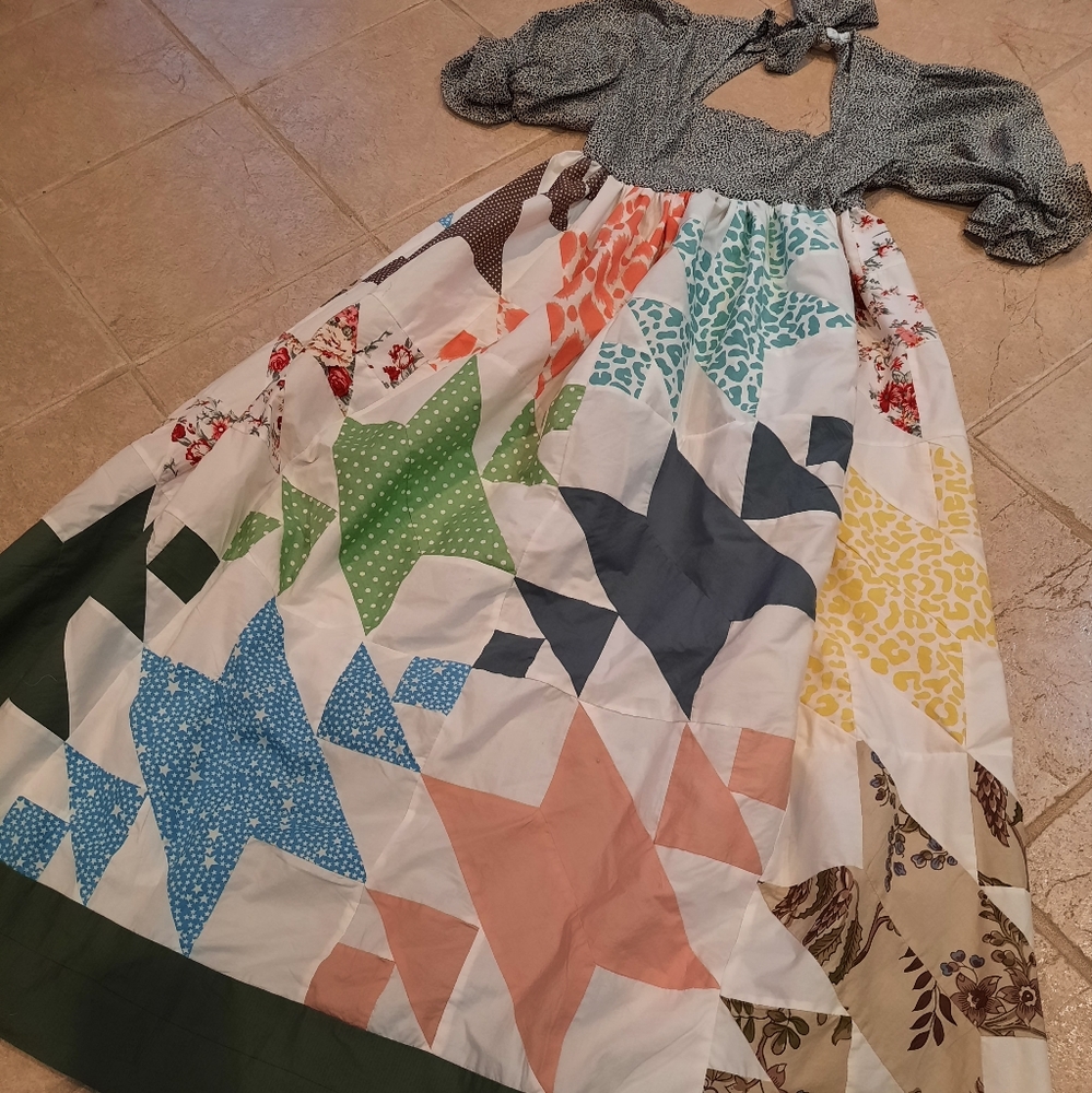 Vtg quilt top Maxi Dress S-M upcycled handmade Old Maids Puzzle - Picture 4 of 4
